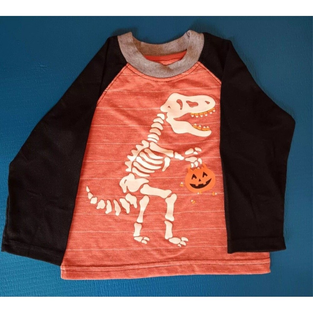 Shirt 2T Boys Halloween With skeleton dinosaur Long sleeves orange black baby